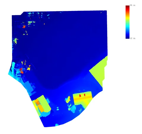 Depth map of the same survey area, ground elevation shaded blue for low through red for high.